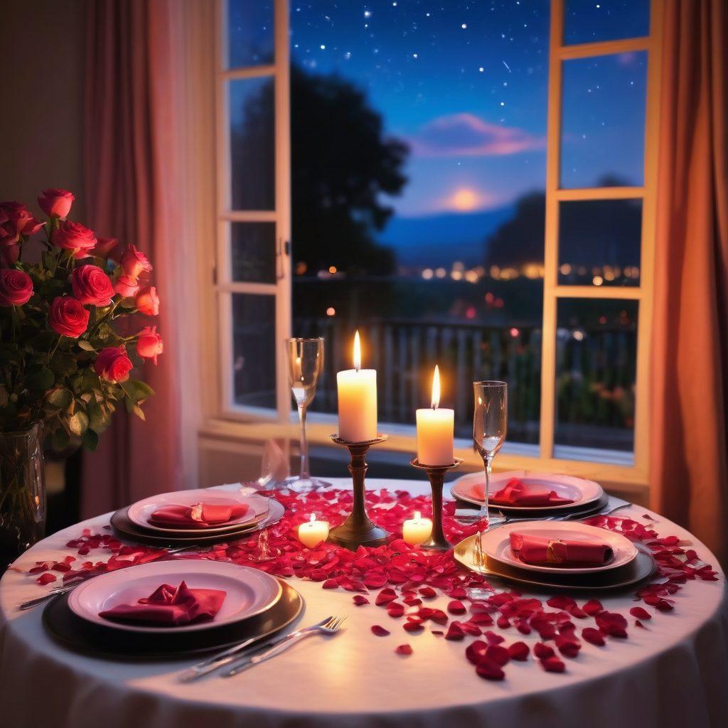 A cozy candlelit dinner setting for two, adorned with red and pink rose petals, soft glows from candles, and an elegantly set table with fine diningware. In the background, a window showing a starry night sky, symbolizing intimacy and romance. The scene exudes warmth and passion, inviting viewers to imagine a romantic evening. super-realistic. vibrant colors. soft focus.