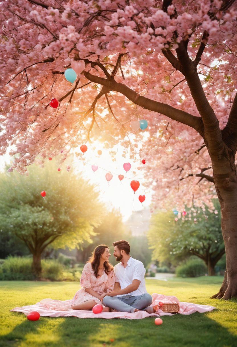 A whimsical scene depicting a couple celebrating their love story in unique ways – they are surrounded by floating heart-shaped balloons, a picnic set under a cherry blossom tree, and scattered photographs capturing special moments. Include twinkling fairy lights and a radiant sunset in the background to evoke romance and warmth. Illustrate their laughter and joy, creating an inviting atmosphere. vibrant colors. dreamy. watercolor.