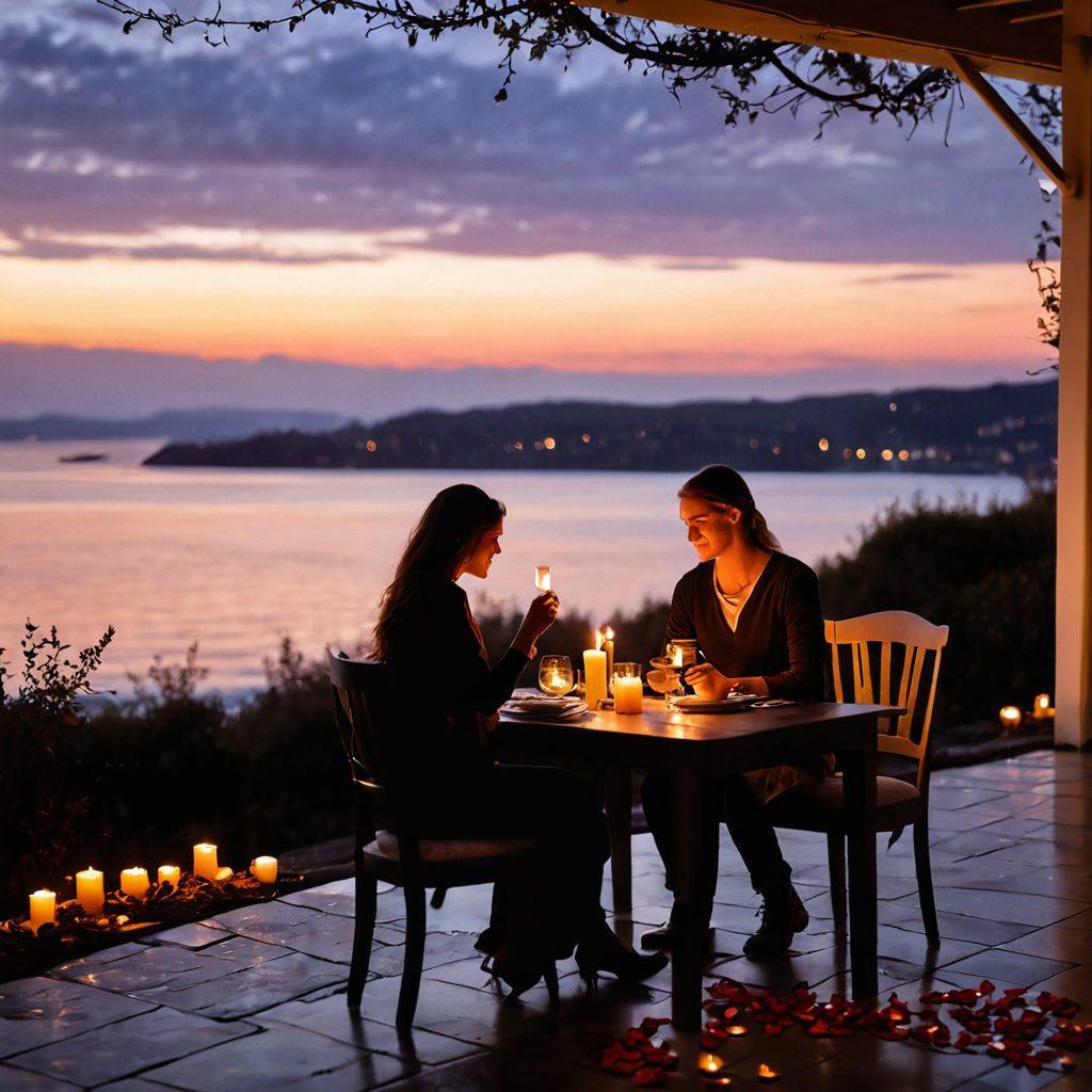 A cozy candlelit dinner setting for two, adorned with rose petals and soft fairy lights, featuring a beautiful table with fine dining utensils. In the background, a silhouette of a couple embracing under a starlit sky, symbolizing romance and intimacy. The atmosphere should exude warmth and love, inviting viewers to feel the magic of romance. soft focus, warm colors, dreamy ambiance.